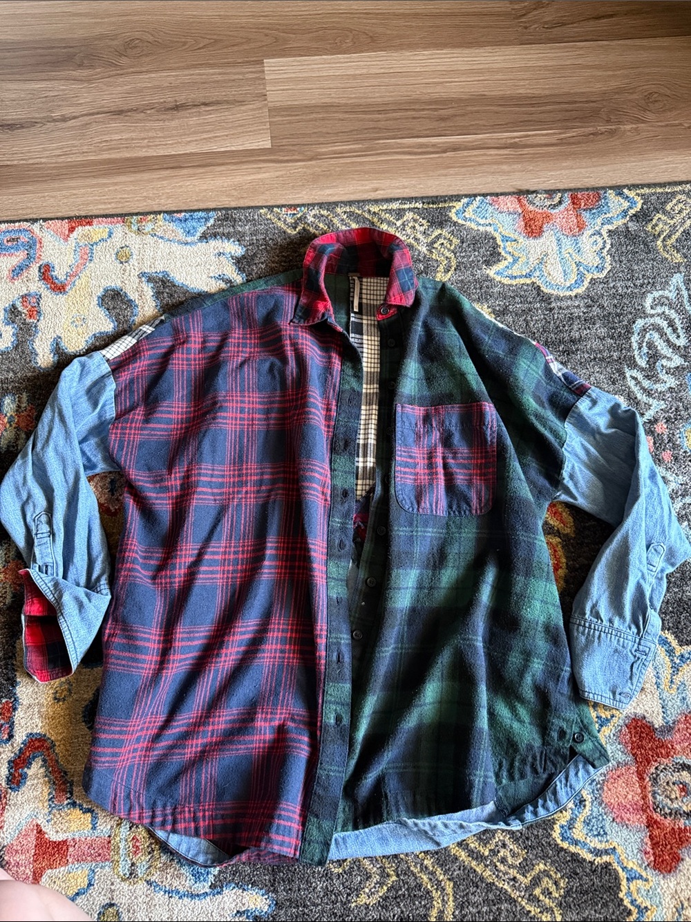 Free People Men's Mixed Plaid & Chambray Shirt Jacket - Red, Green & Blue